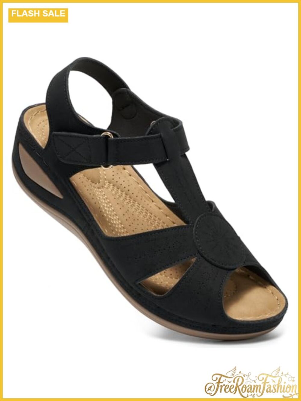Women's Faux Leather Wedge Sandals Comfortable Platform Hook & Loop Ankle Strap